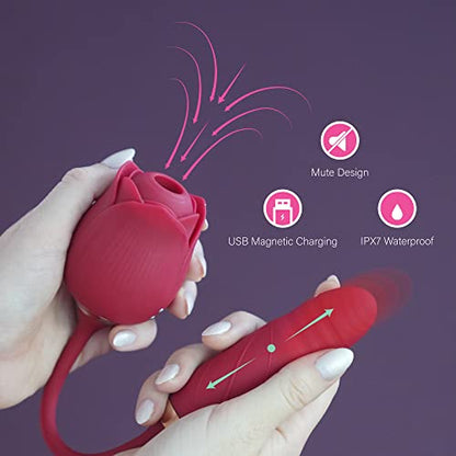 Playzzr Double Trouble Rose Vibrator & Thrusting Dildo 2 in 1 Rechargeable, Wireless, and Waterproof, with 55 Unique Combinations Rose Sex Stimulator for Women